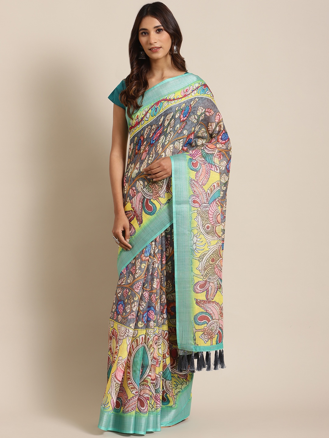 

VASTRANAND Grey & Yellow Kalamkari Printed Saree