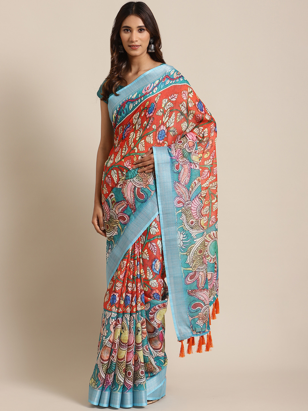 

VASTRANAND Orange & Green Kalamkari Printed Saree
