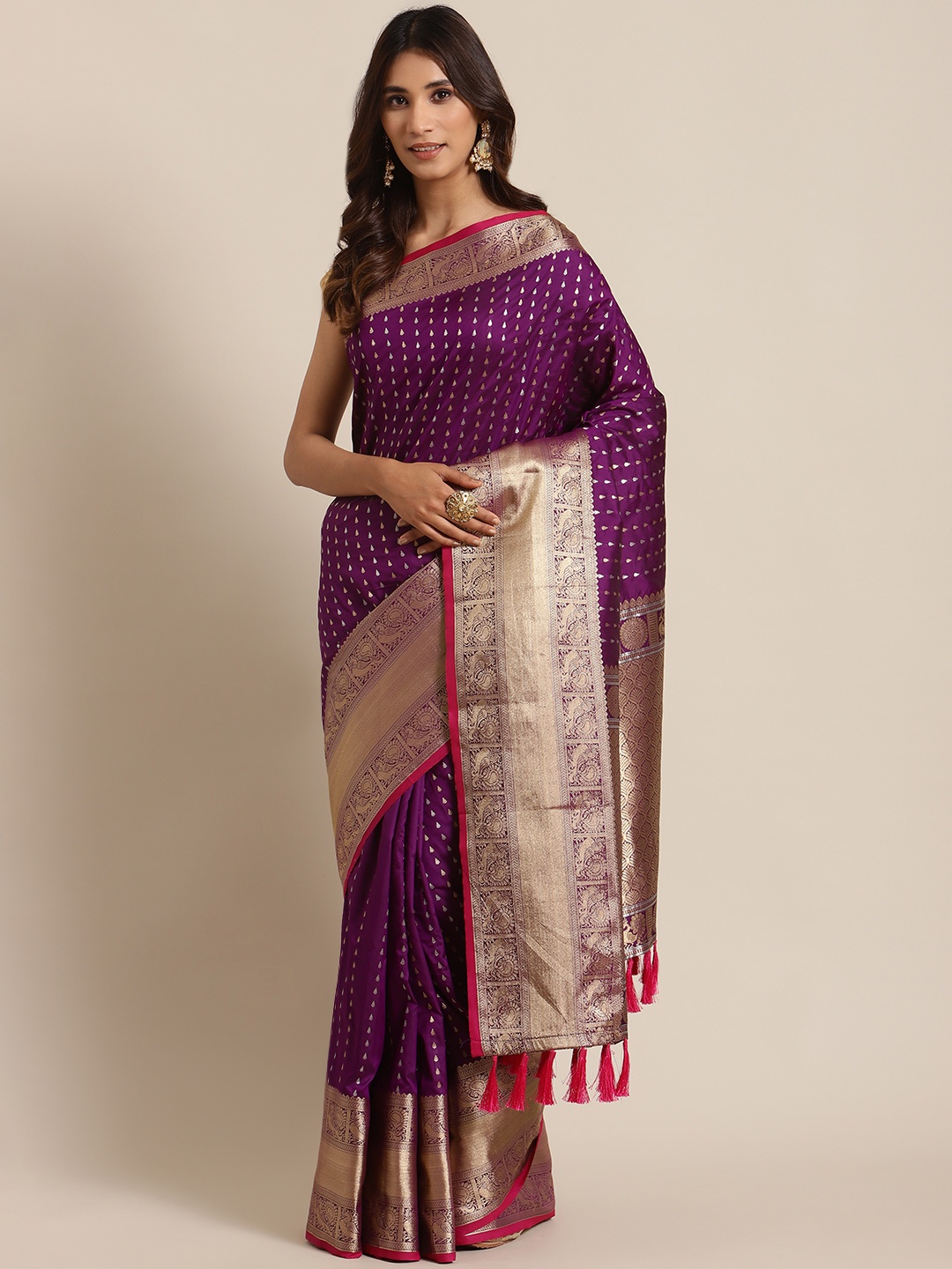 

VASTRANAND Purple & Golden Woven Design Zari Celebrity Banarasi Saree