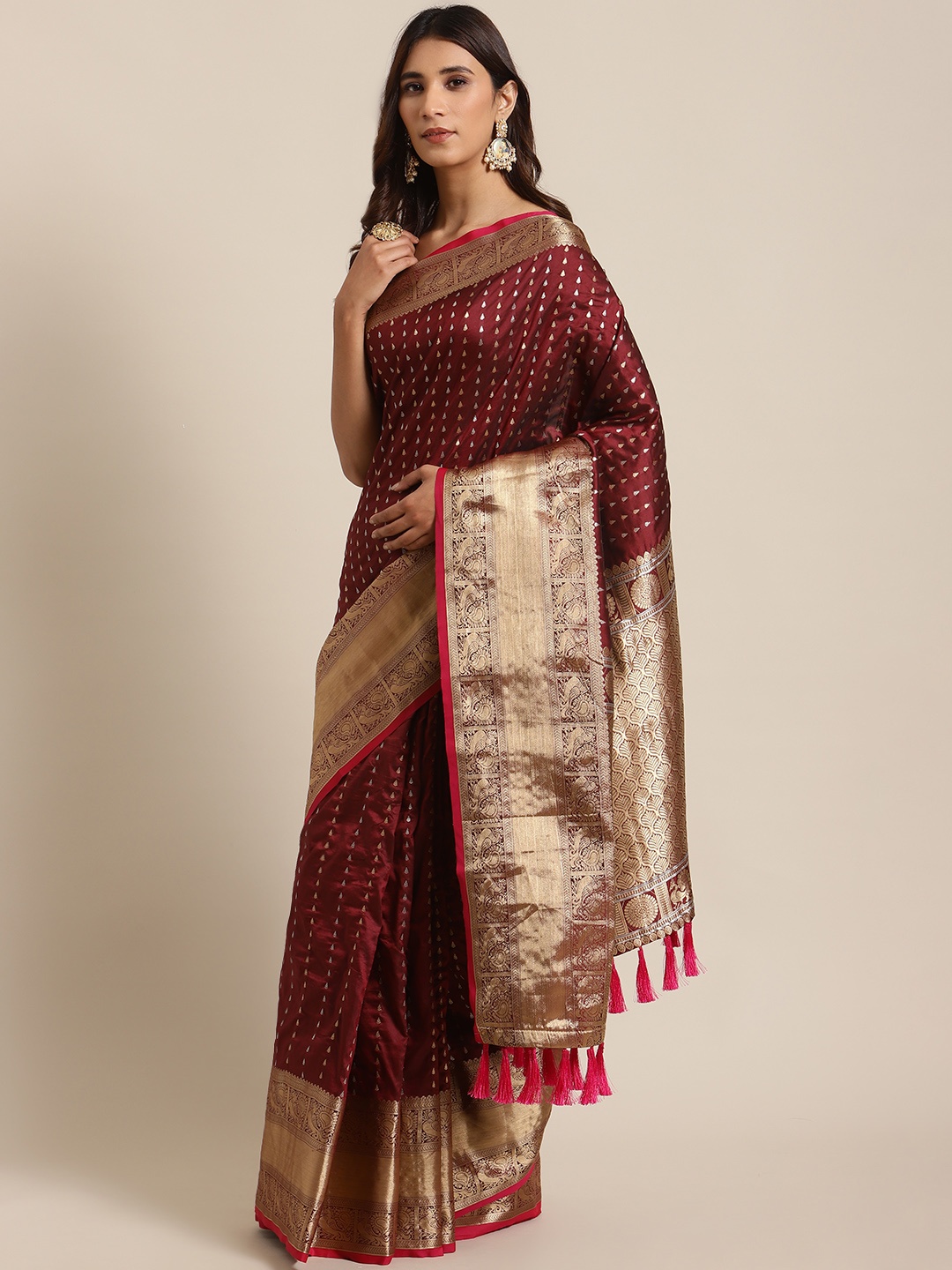 

VASTRANAND Maroon & Golden Woven Design Zari Celebrity Banarasi Saree