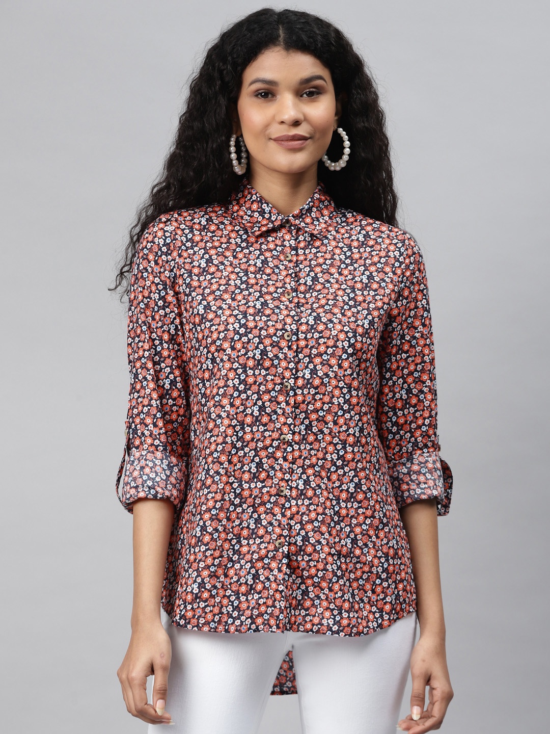 

Marks & Spencer Women Black & Orange Regular Fit Floral Printed Pure Cotton High-Low Shirt