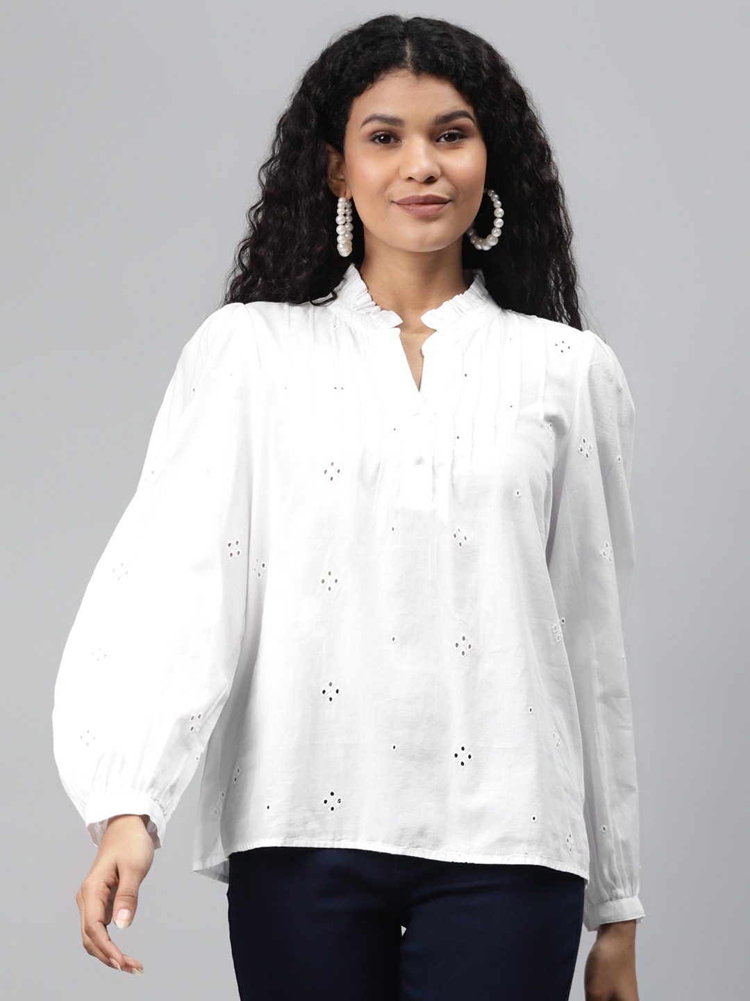 

Marks & Spencer Women White Pure Cotton Schiffli Embroidered Top