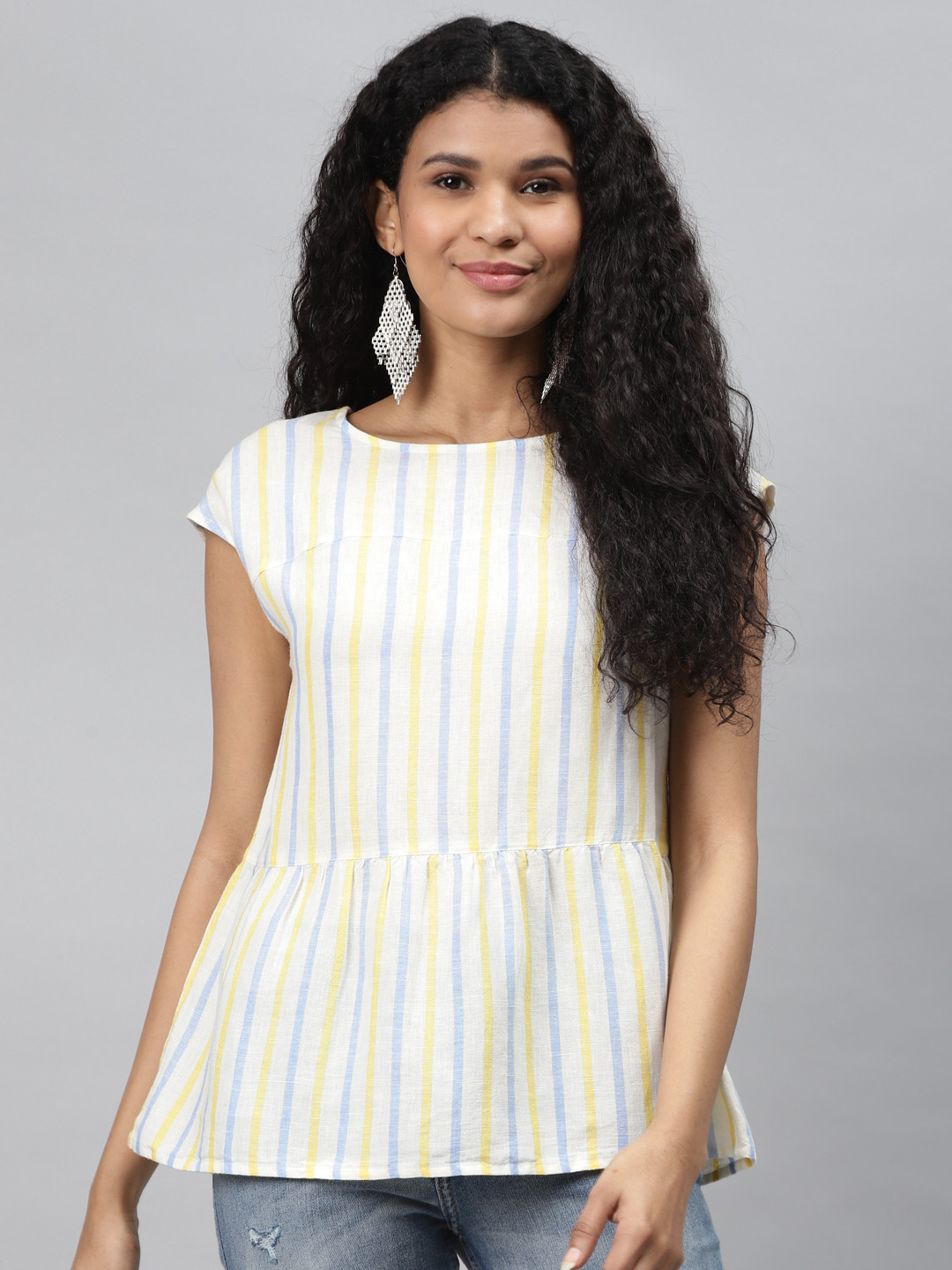 

Marks & Spencer Women Off-White & Yellow Striped A-Line Top