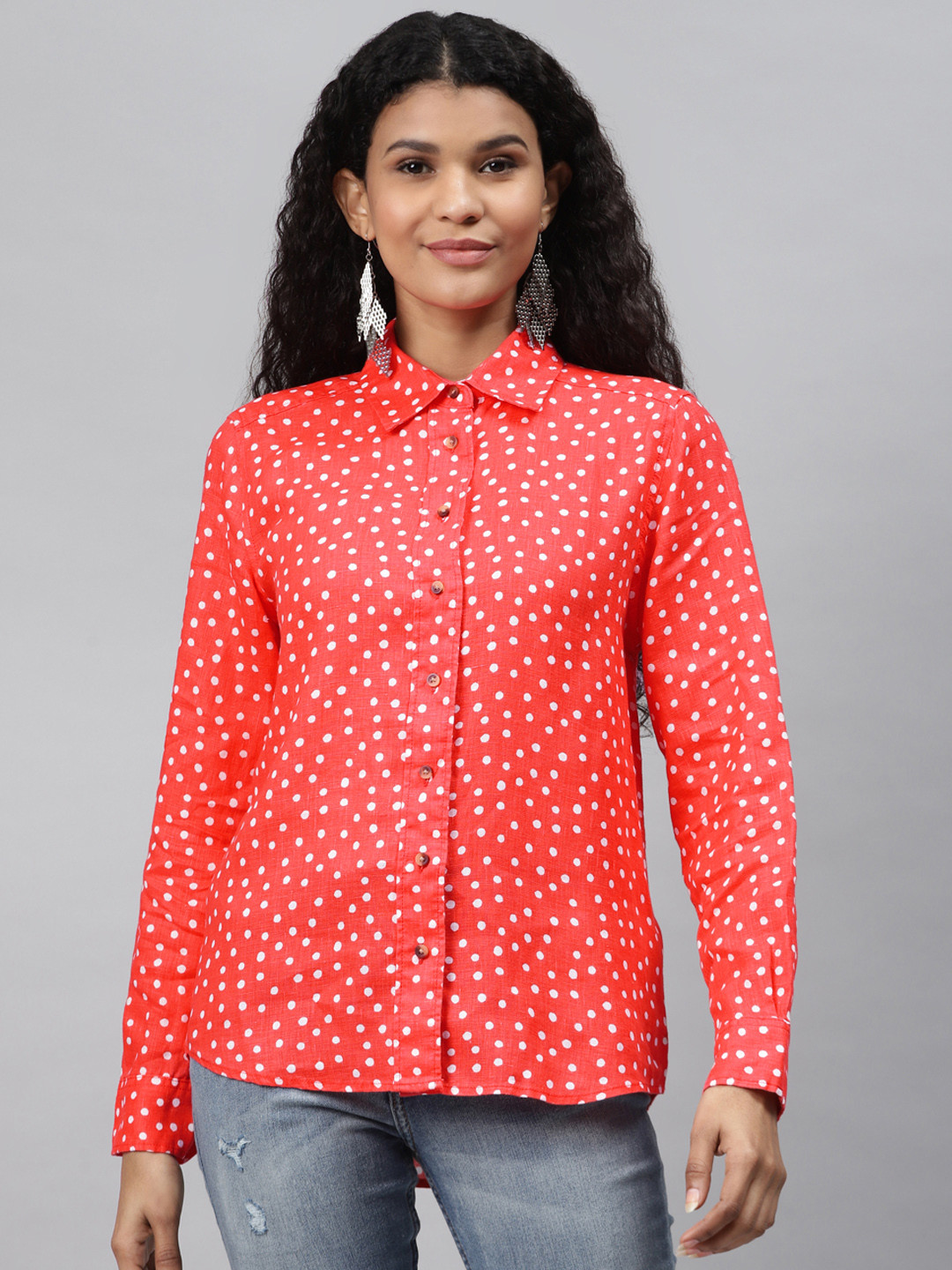 

Marks & Spencer Women Coral Pink & White Easy To Iron Linen Polka Dot Printed Casual Shirt