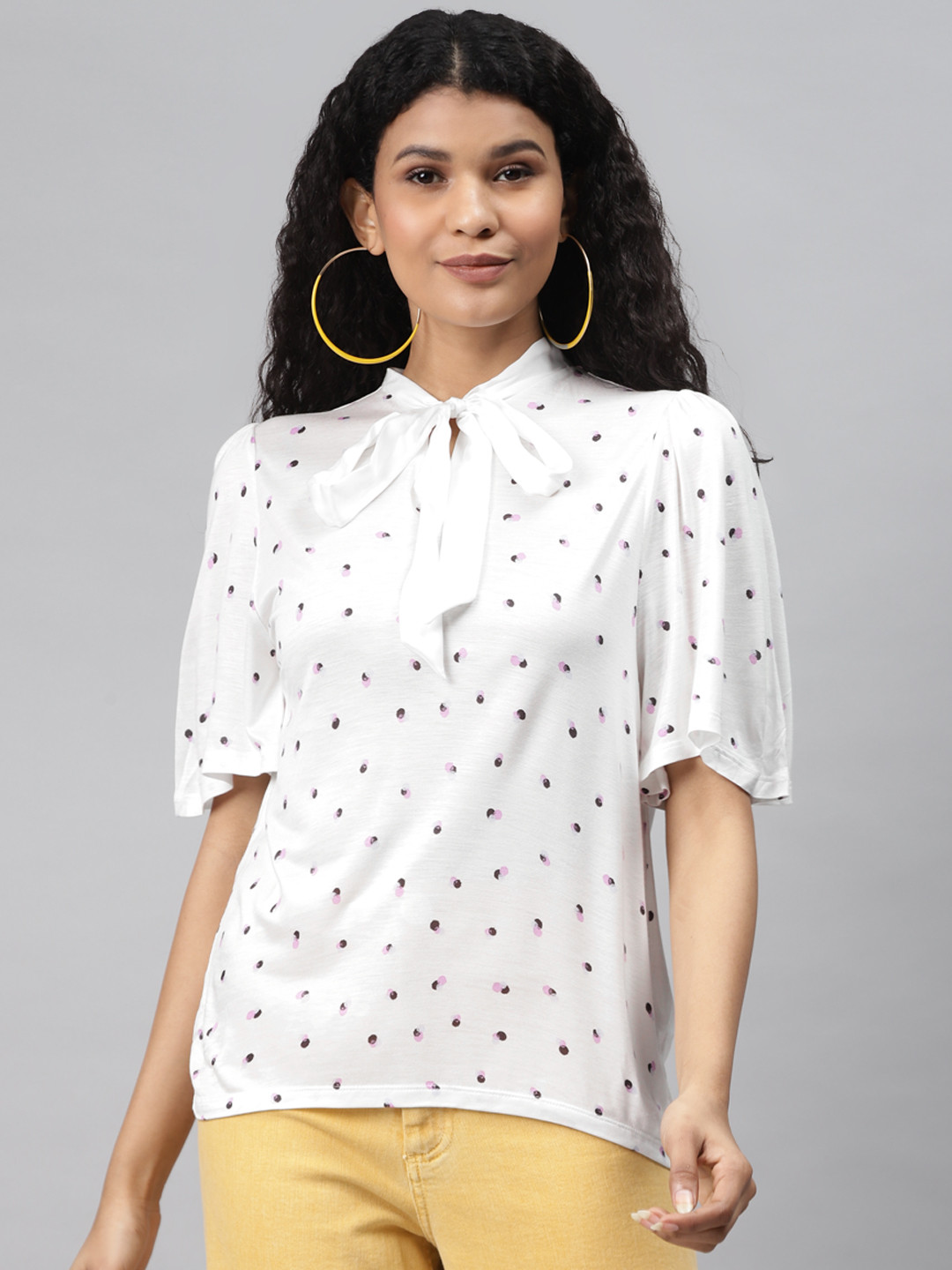 

Marks & Spencer Women Off-White & Black Tie-Up Neck Printed Top