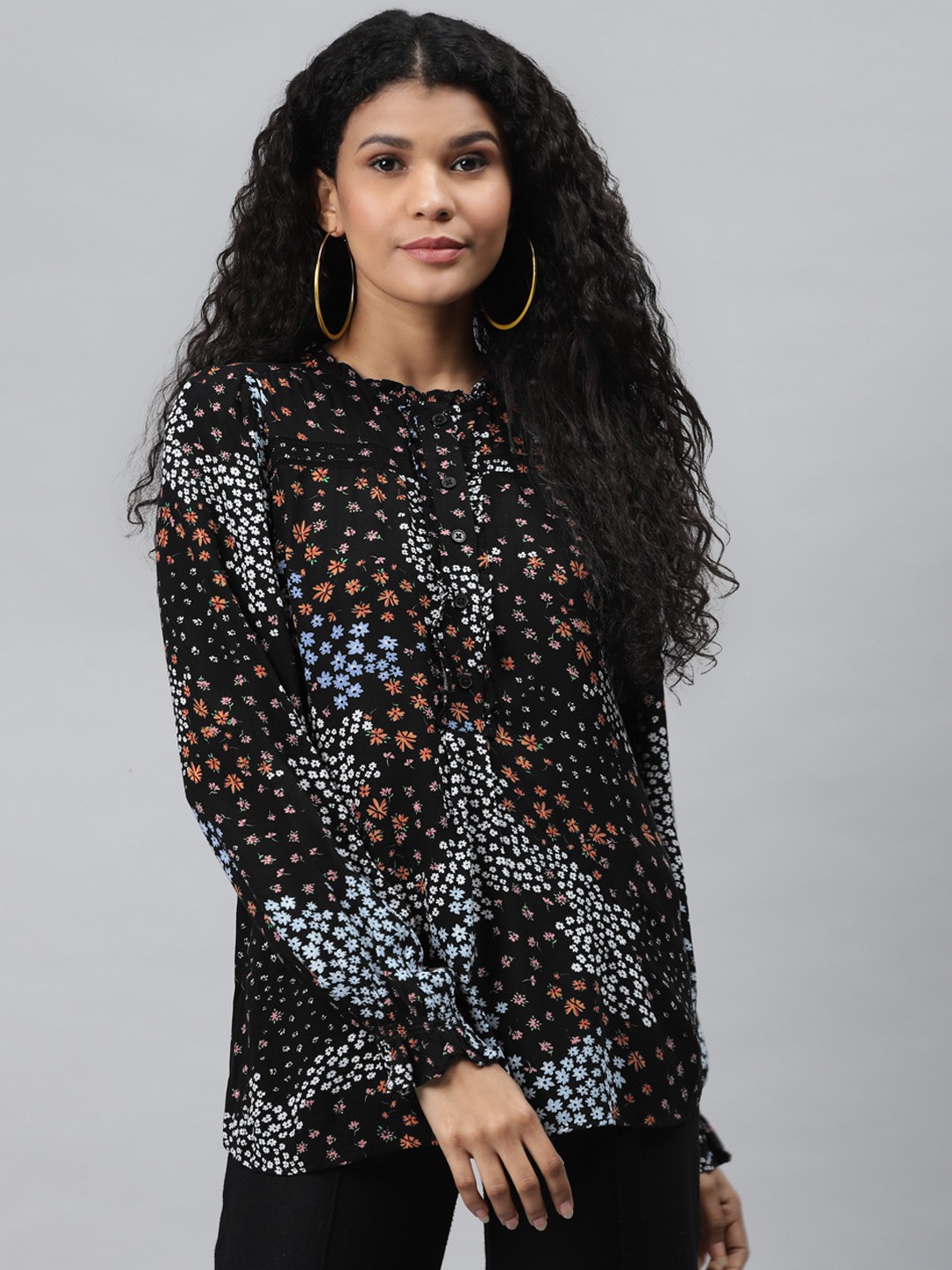 

Marks & Spencer Women Black & Orange Sustainable Floral Printed Top