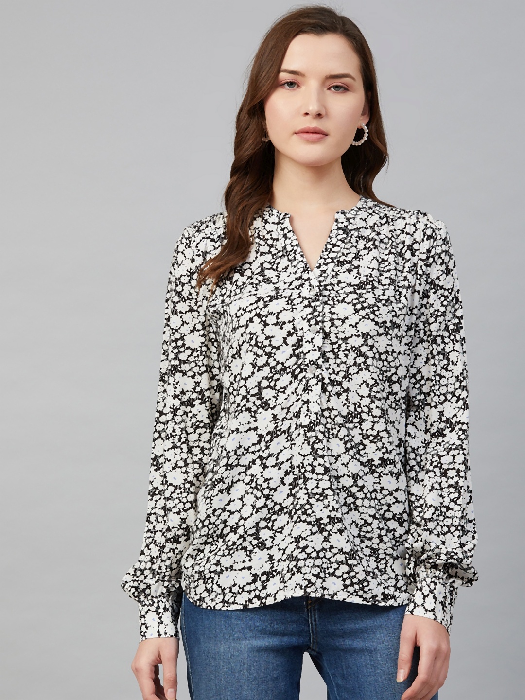 

Marks & Spencer Women Sustainable Black & Off-White Floral Print Shirt Style Top