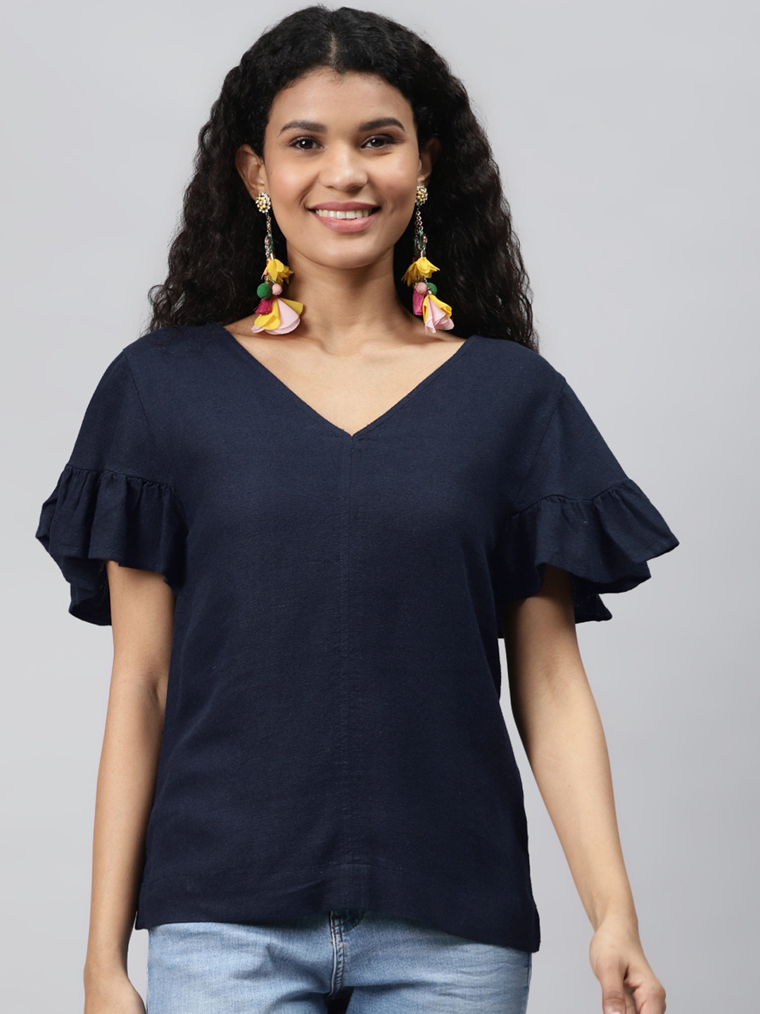 

Marks & Spencer Women Navy Blue Flutter Sleeves Solid Top