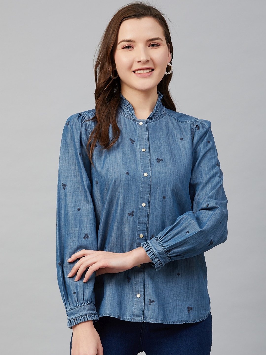 

Marks & Spencer Women Navy Blue Chambray Regular Fit Embroidered Casual Shirt