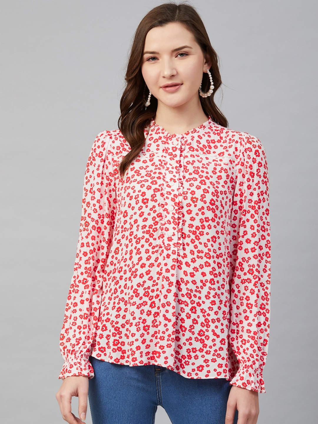 

Marks & Spencer Women White & Red Floral Printed Sustainable Shirt Style Top