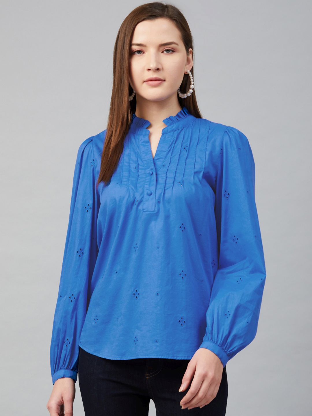 

Marks & Spencer Blue Schiffli Embroidered Pure Cotton Shirt Type Top