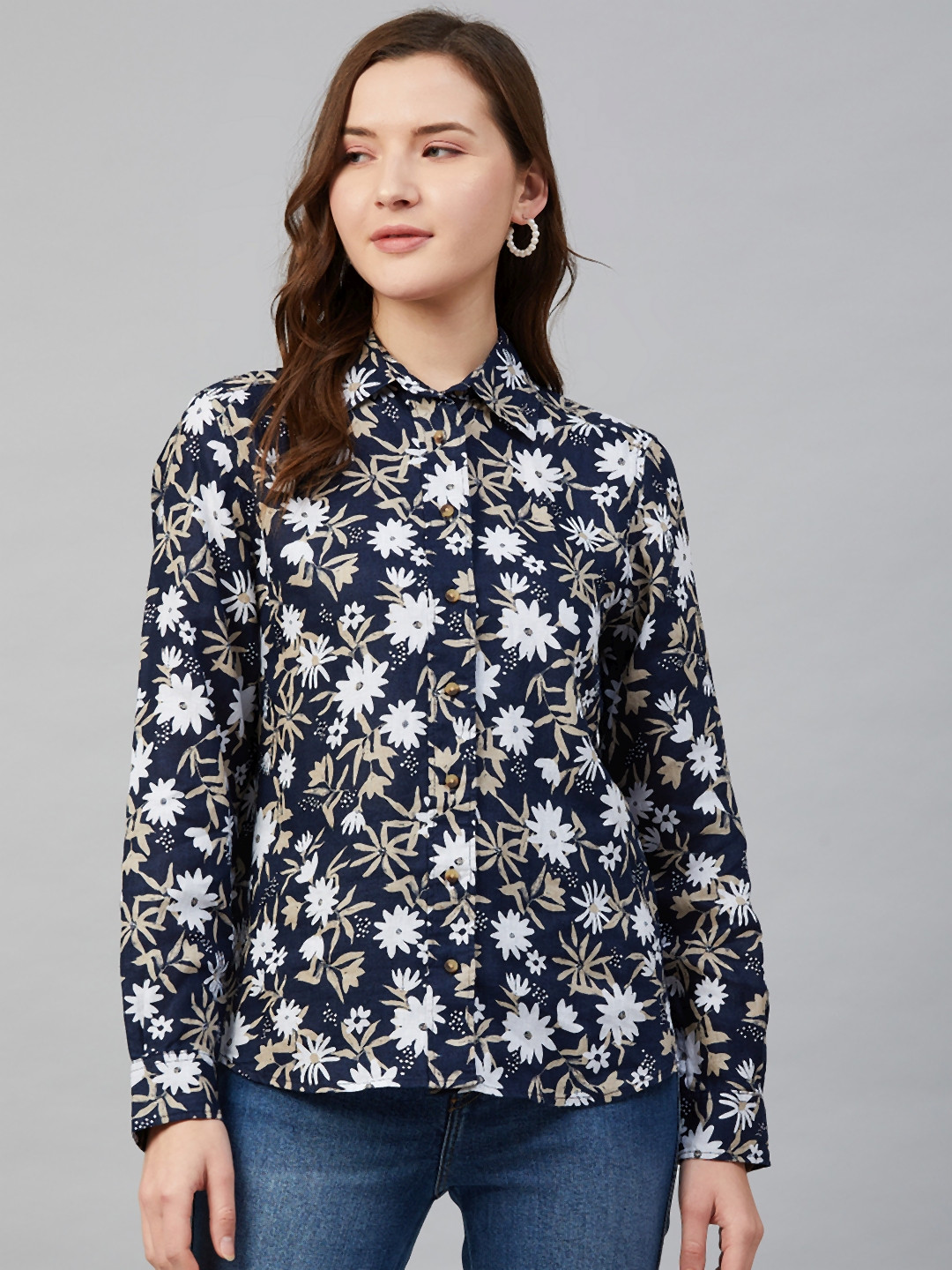 

Marks & Spencer Women Navy Blue & White Linen Regular Fit Floral Printed Casual Shirt