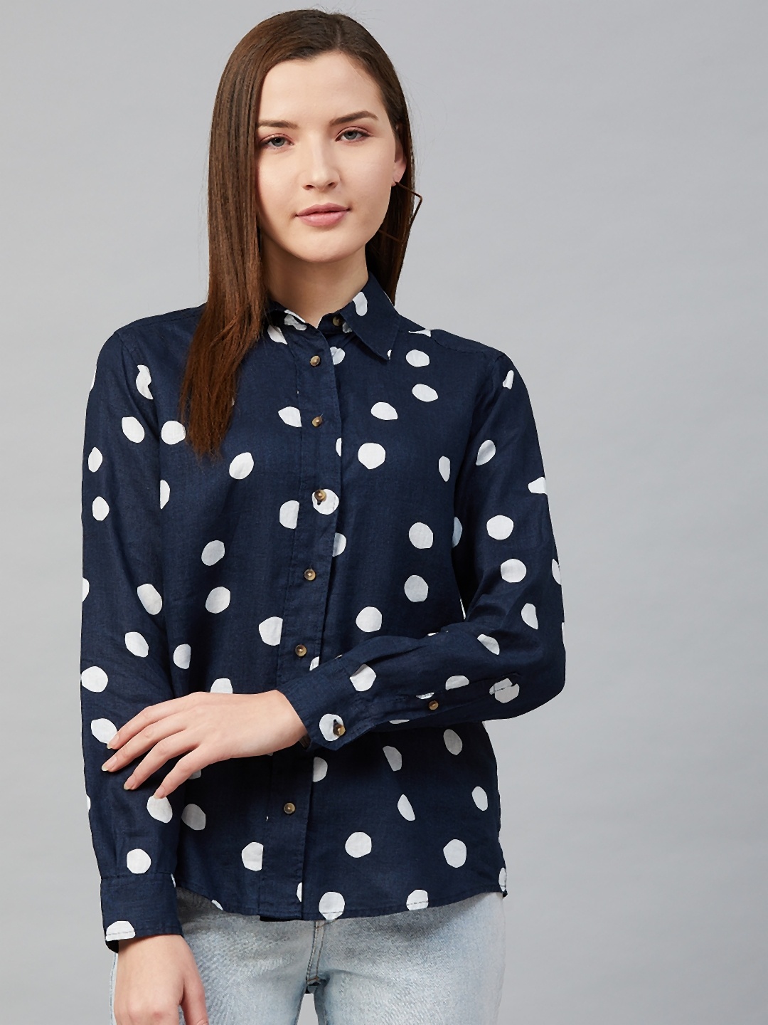 

Marks & Spencer Women Navy Blue & White Linen Easy Iron Printed High-Low Casual Shirt