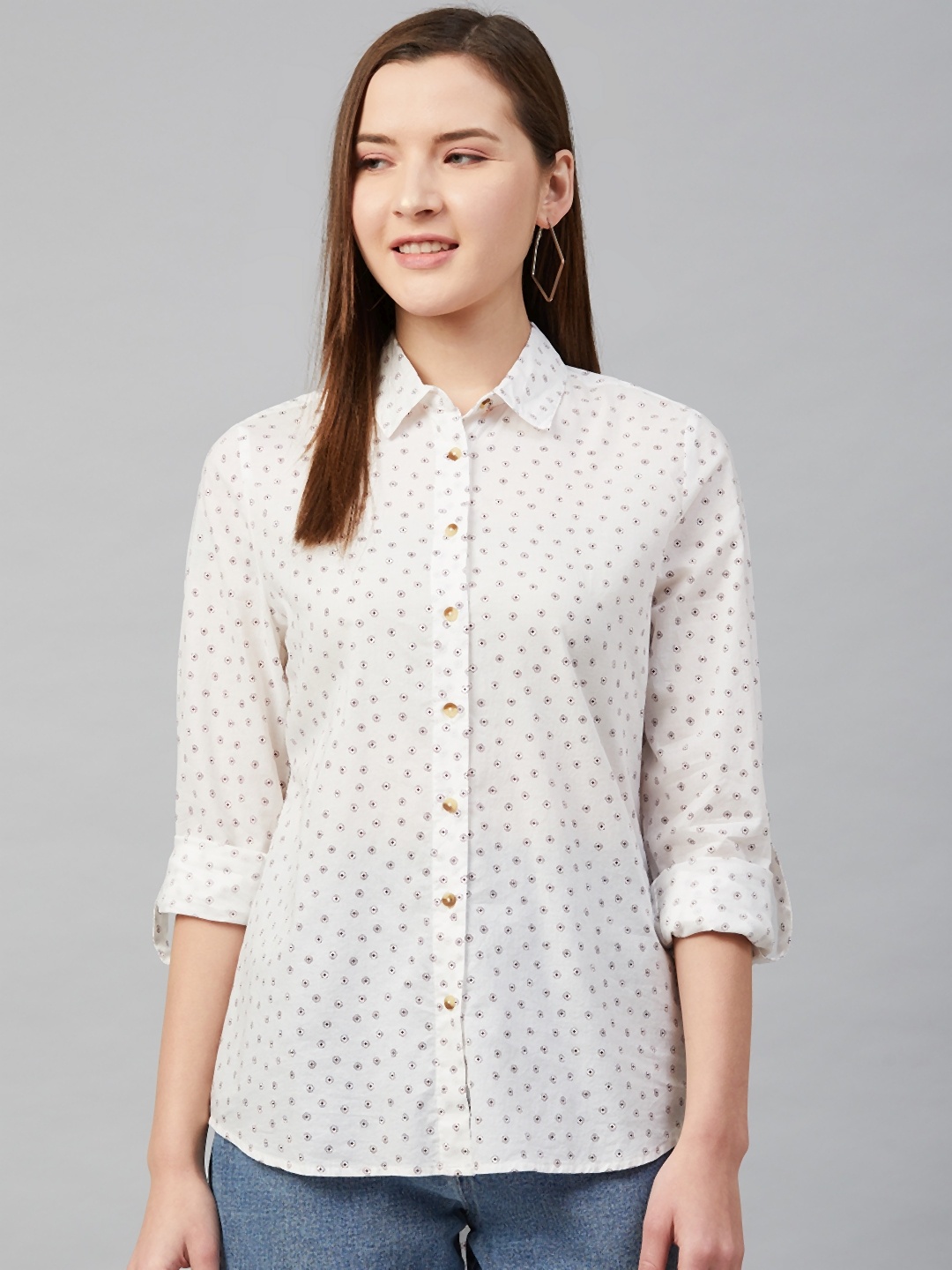 

Marks & Spencer Women Off-White & Brown Pure Cotton Micro Ditsy Printed High-Low Shirt