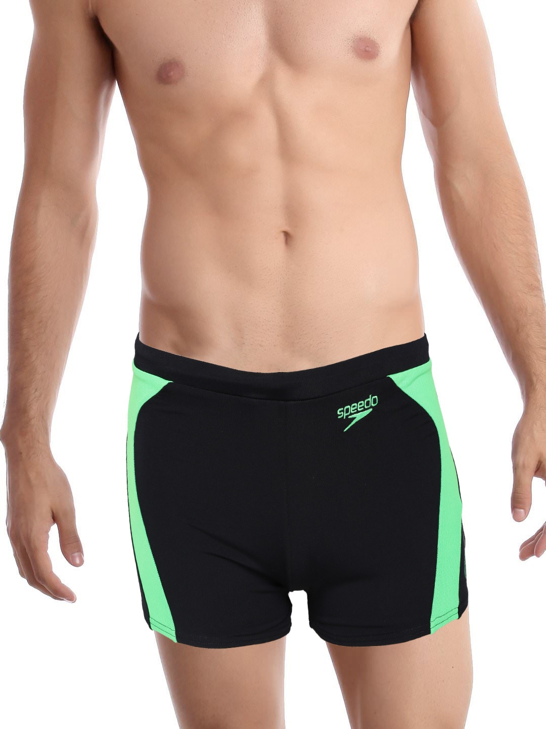 

Speedo Men Black & Fluorescent Green Colourblocked Printed Swim Shorts 808743A599