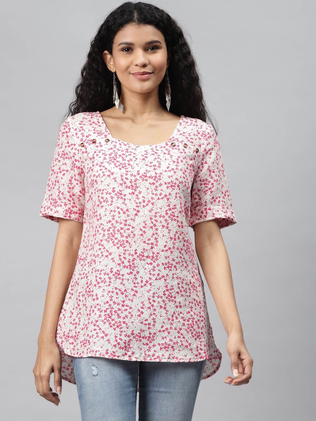 

Marks & Spencer Women Off-White & Pink Printed High-Low Top