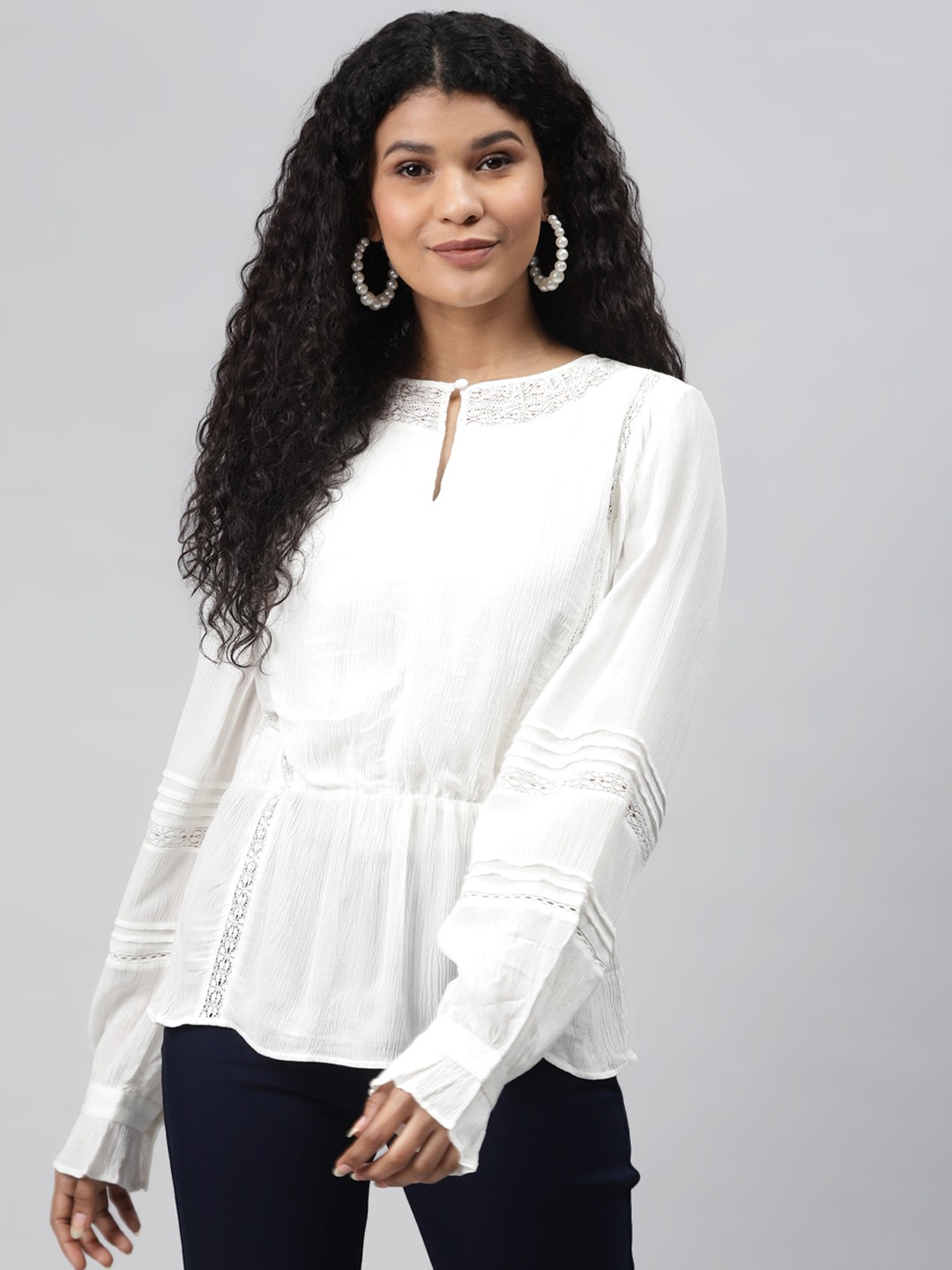 

Marks & Spencer Women Off-White Solid Crinkled Cinched Waist Top