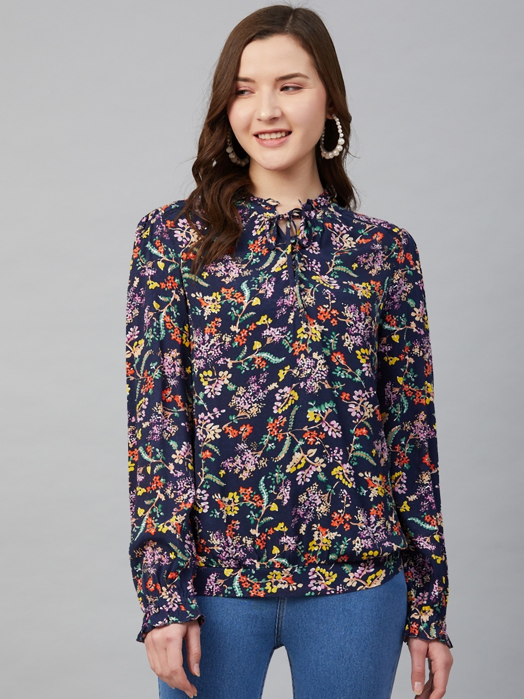 

Marks & Spencer Women Navy Blue & Pink Sustainable Floral Printed Top