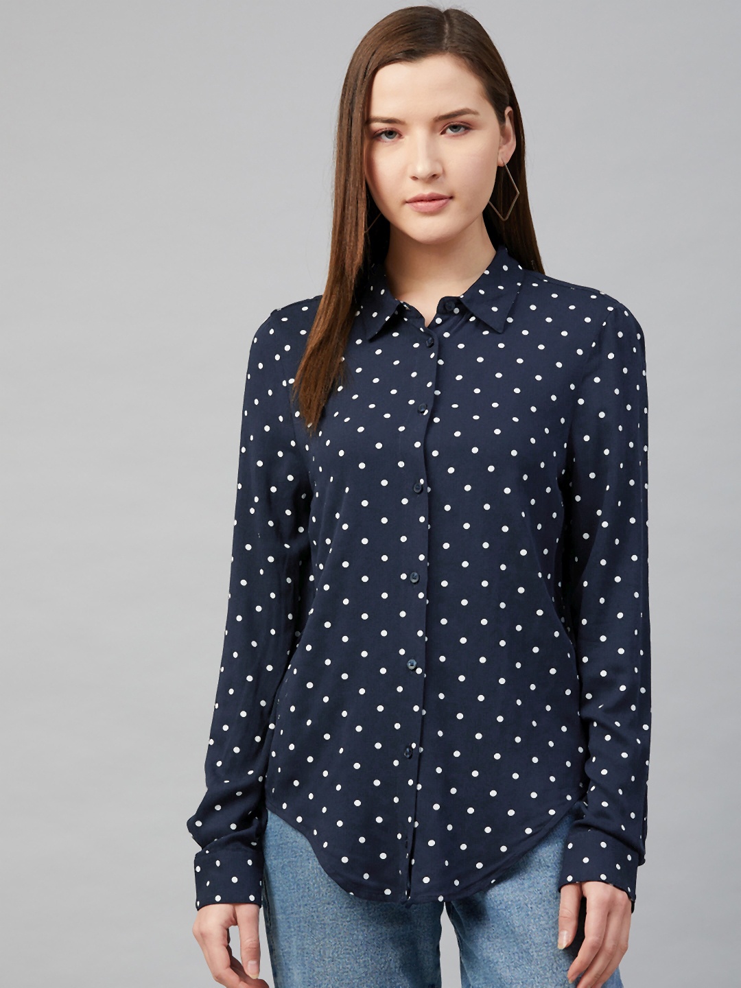 

Marks & Spencer Women Navy Blue & White Sustainable Polka Dots Printed Casual Shirt