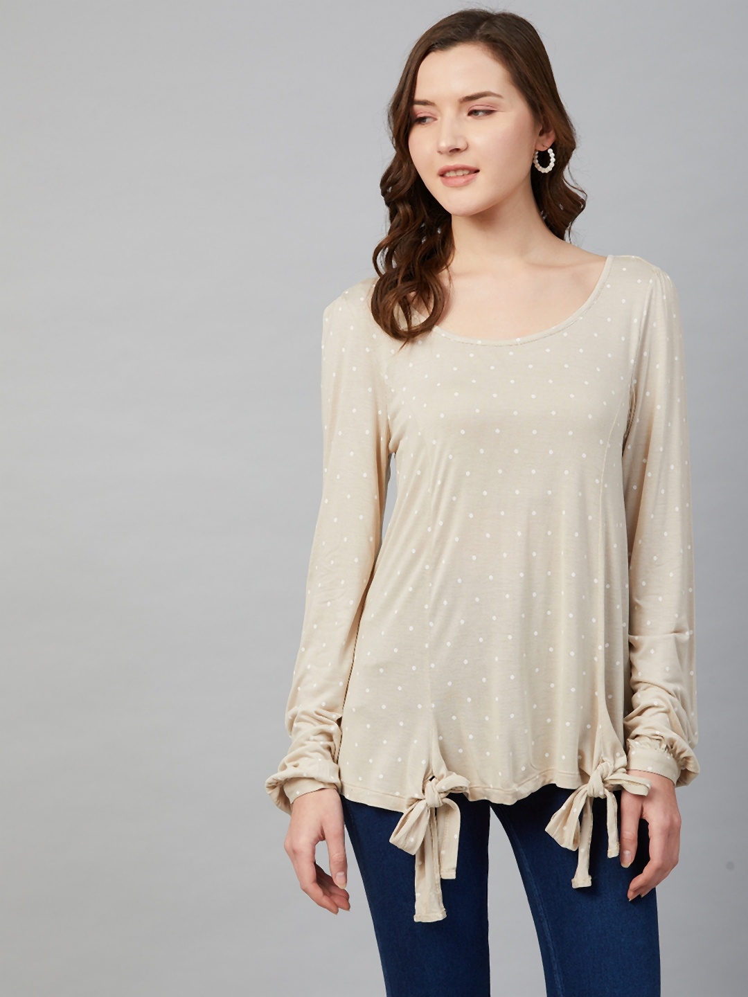 

Marks & Spencer Women Beige & White Polka Dot Print Top With Tie-up Detail
