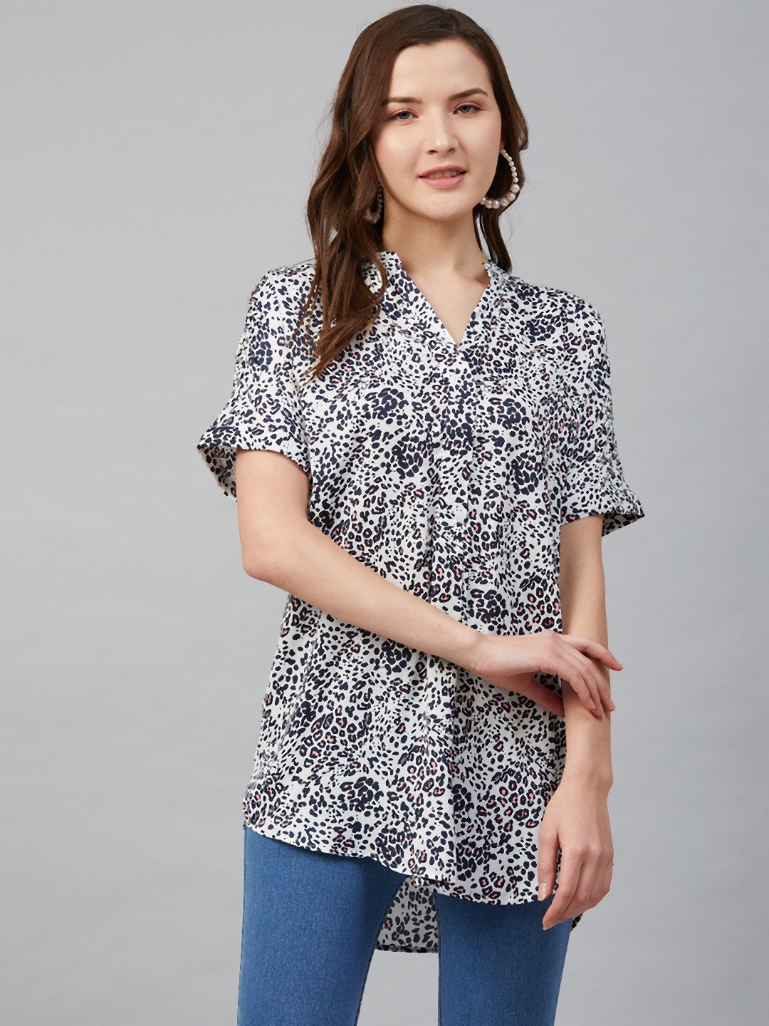 

Marks & Spencer Women White & Navy Blue Animal Printed Longline Top