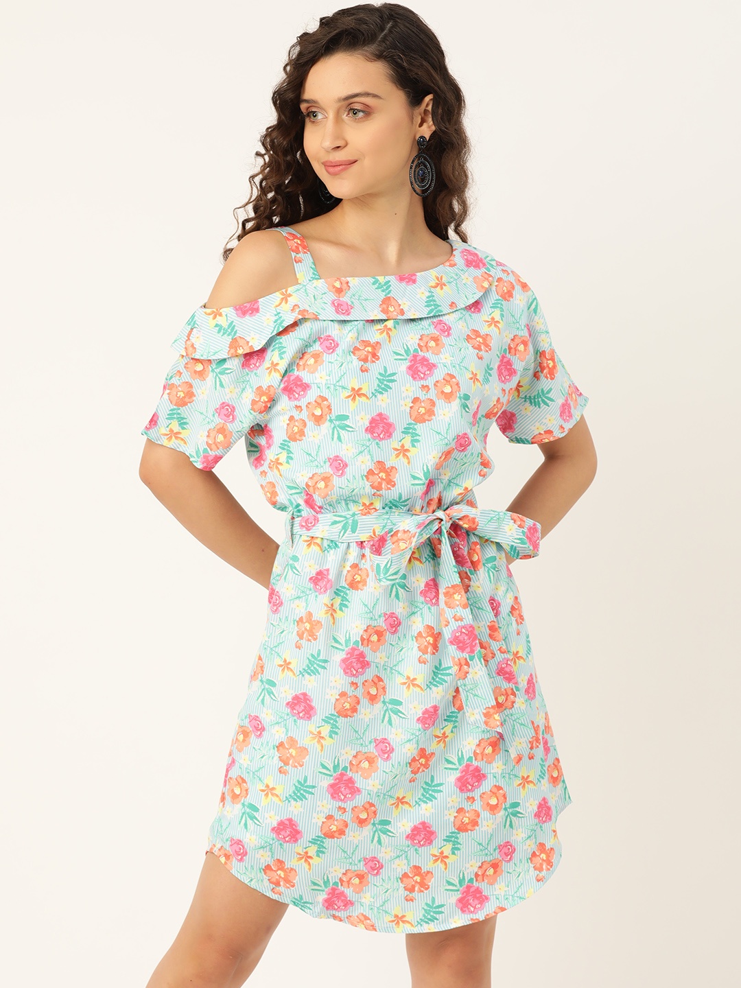 

DODO & MOA Women Blue & Pink Floral Print One-Shoulder A-Line Dress