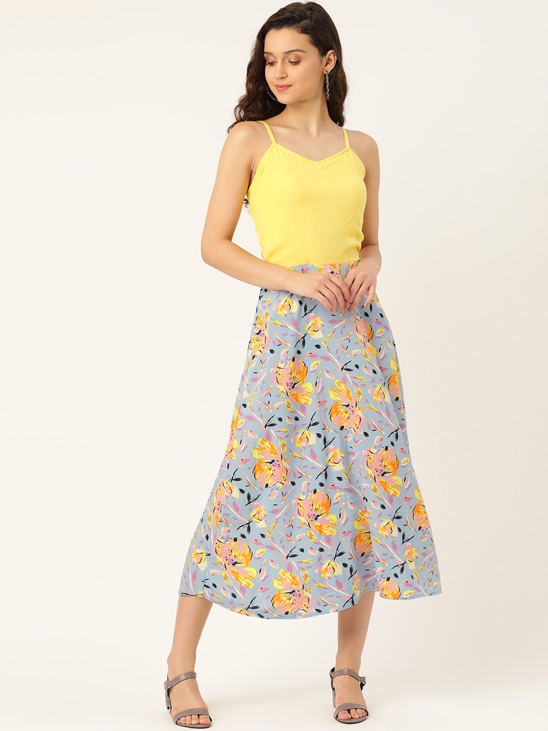 

DODO & MOA Women Yellow & Blue Printed A-Line Midi Dress