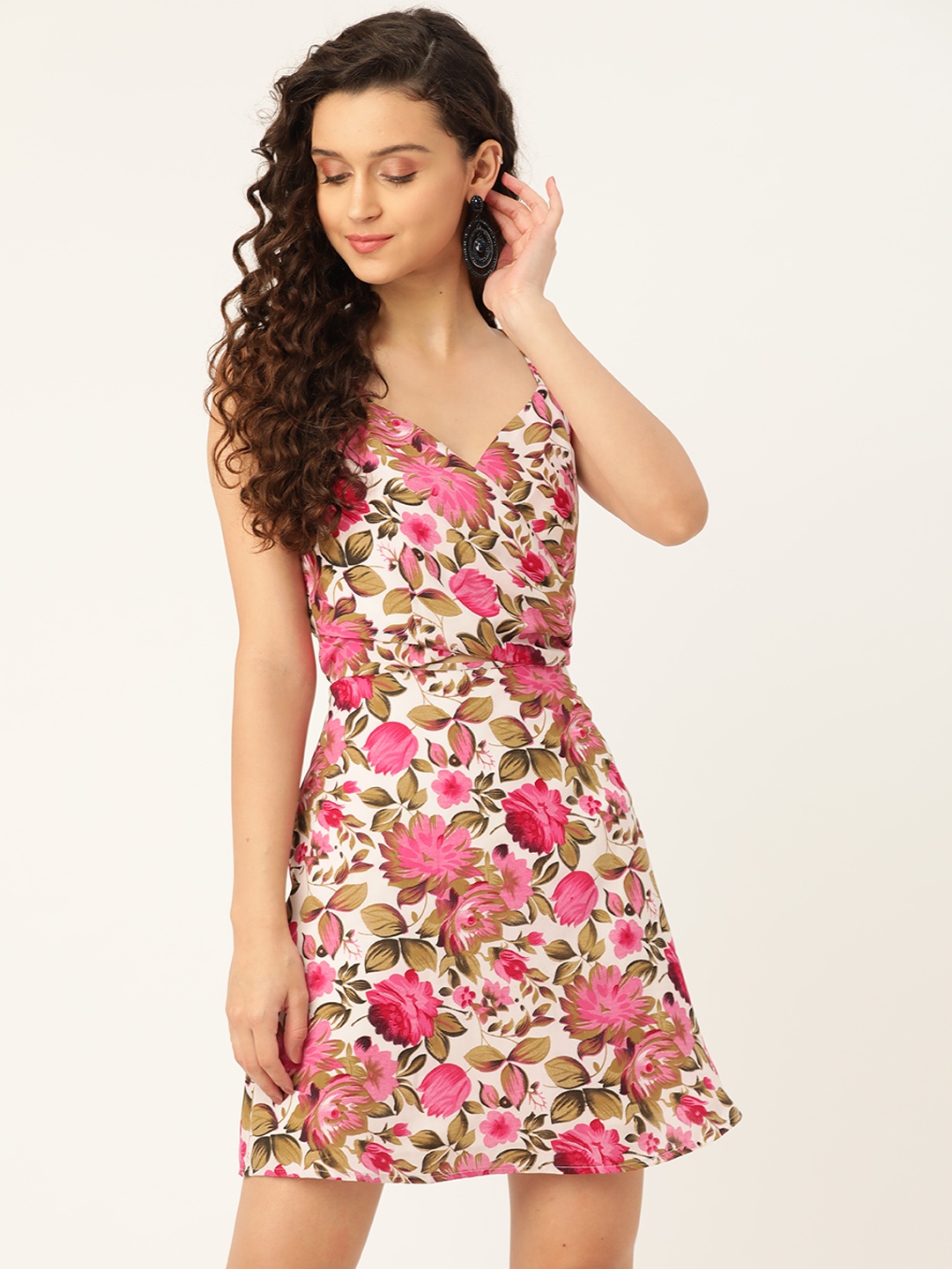 

DODO & MOA Women White & Pink Floral Print Wrap Dress