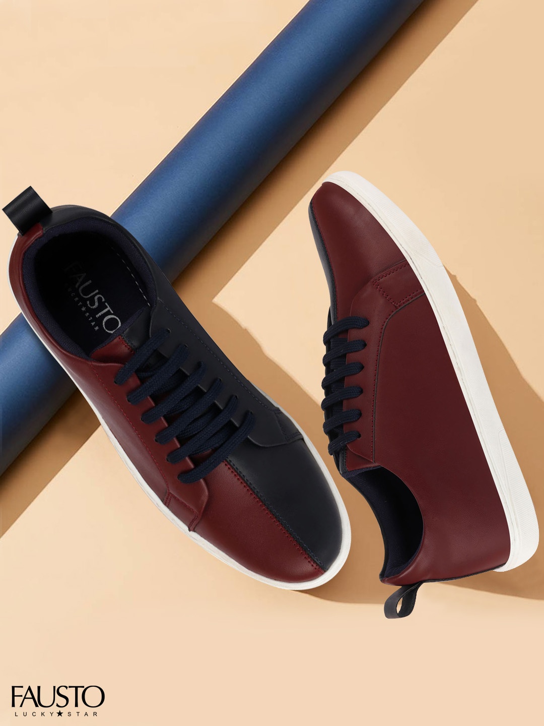 

FAUSTO Men Maroon & Navy Blue Colourblocked Sneakers