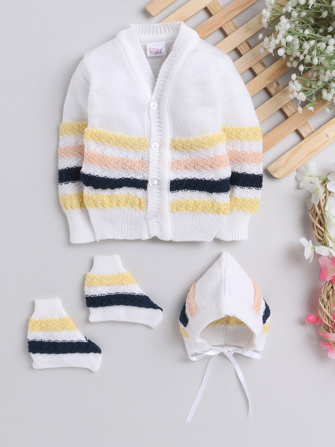 

Little Angels Infants Kids Off White & Black Acrlic Self Design Cardigan Sweater Set