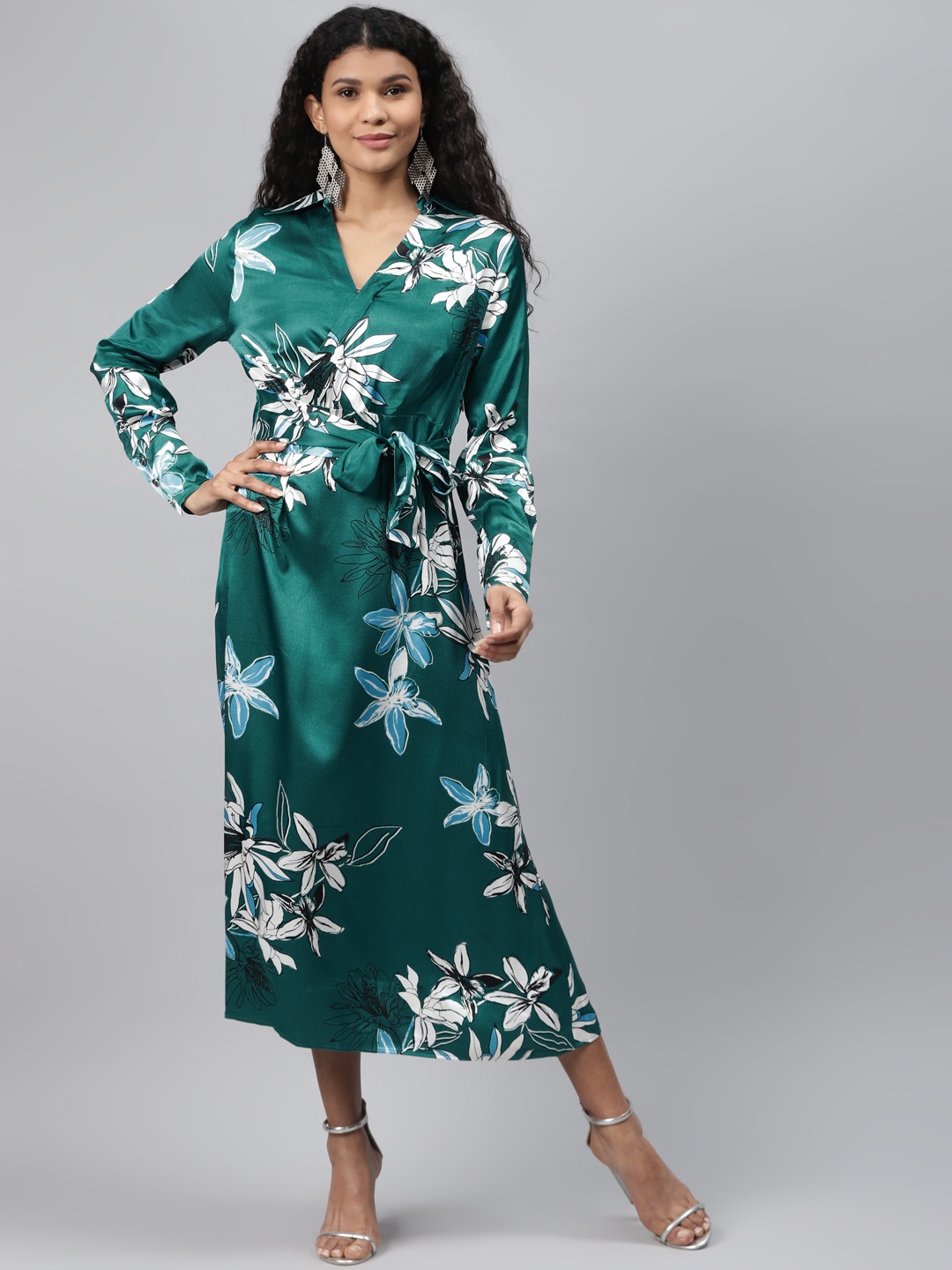 

Marks & Spencer Women Teal Green & White Satin Finish Floral Print Wrap Dress