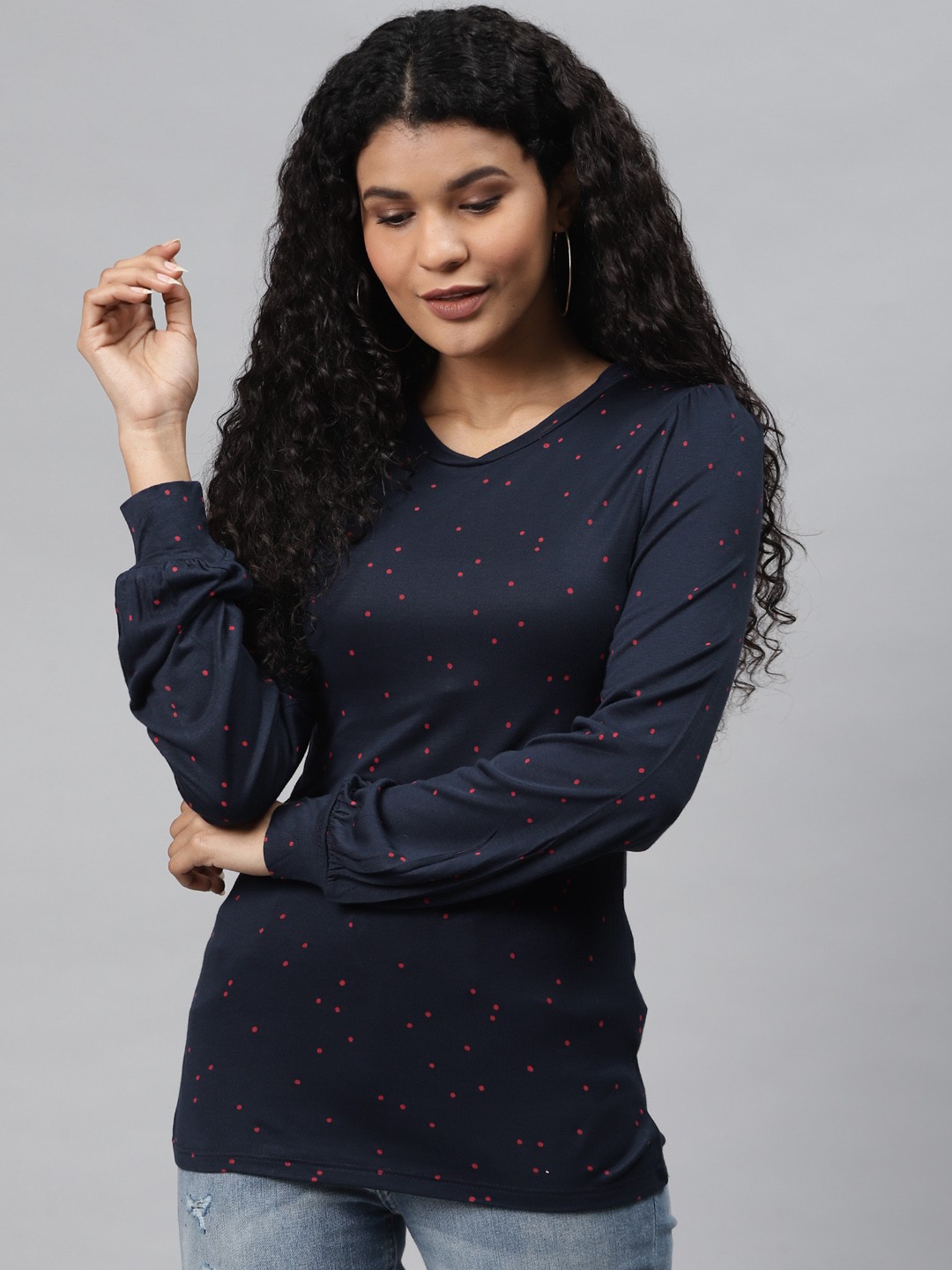 

Marks & Spencer Women Navy & Red Polka Dots Print Round Neck T-shirt, Navy blue
