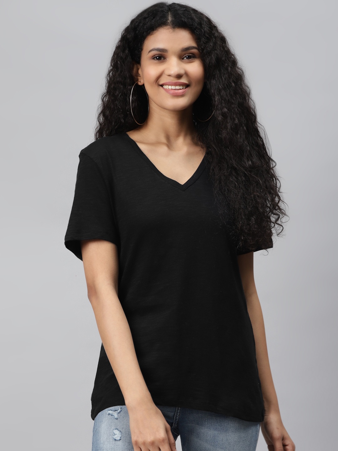 

Marks & Spencer Women Black Pure Cotton Solid V-Neck T-shirt