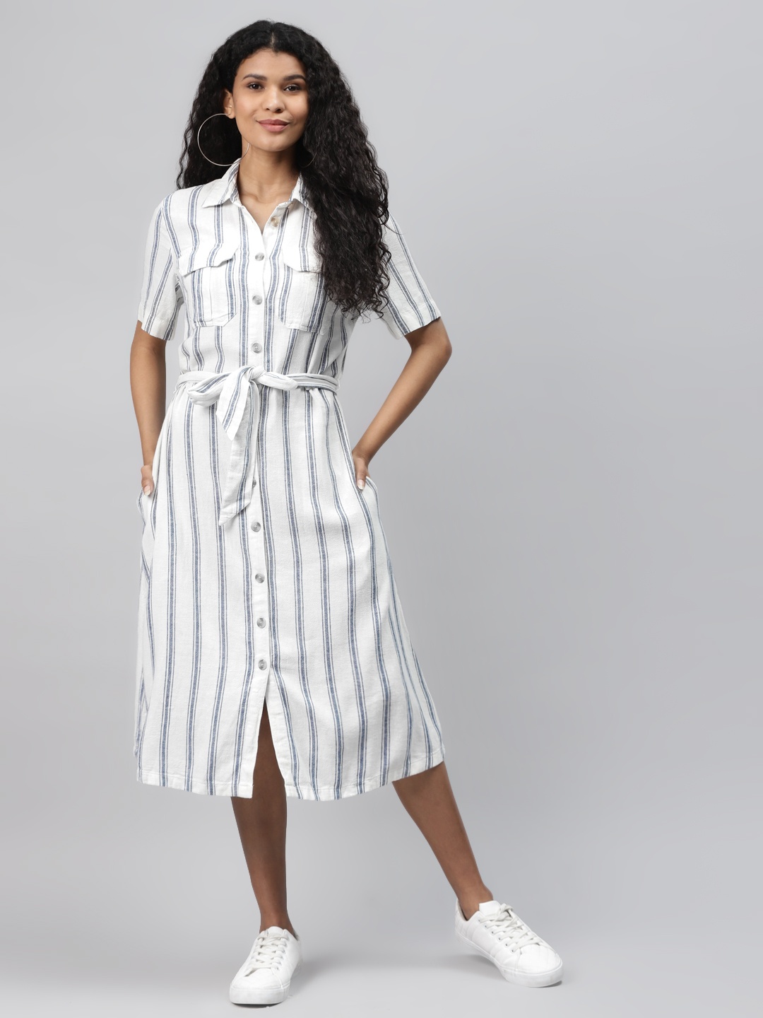 

Marks & Spencer Women White & Navy Blue Easy Iron Striped Shirt Dress with Belt