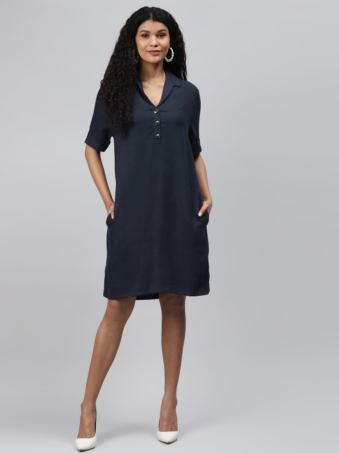 

Marks & Spencer Women Navy Blue Solid Shirt Dress