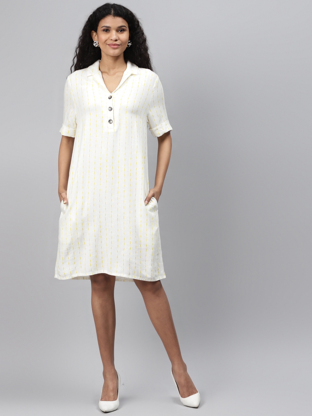 

Marks & Spencer Women White & Mustard Yellow Striped Shirt Dress