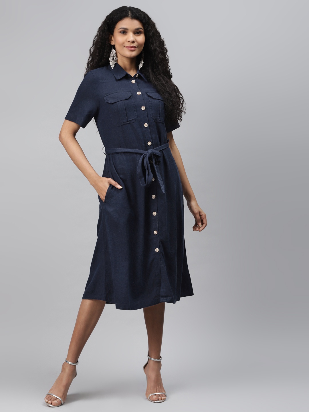 

Marks & Spencer Women Navy Blue Easy Iron Solid Shirt Dress with Belt