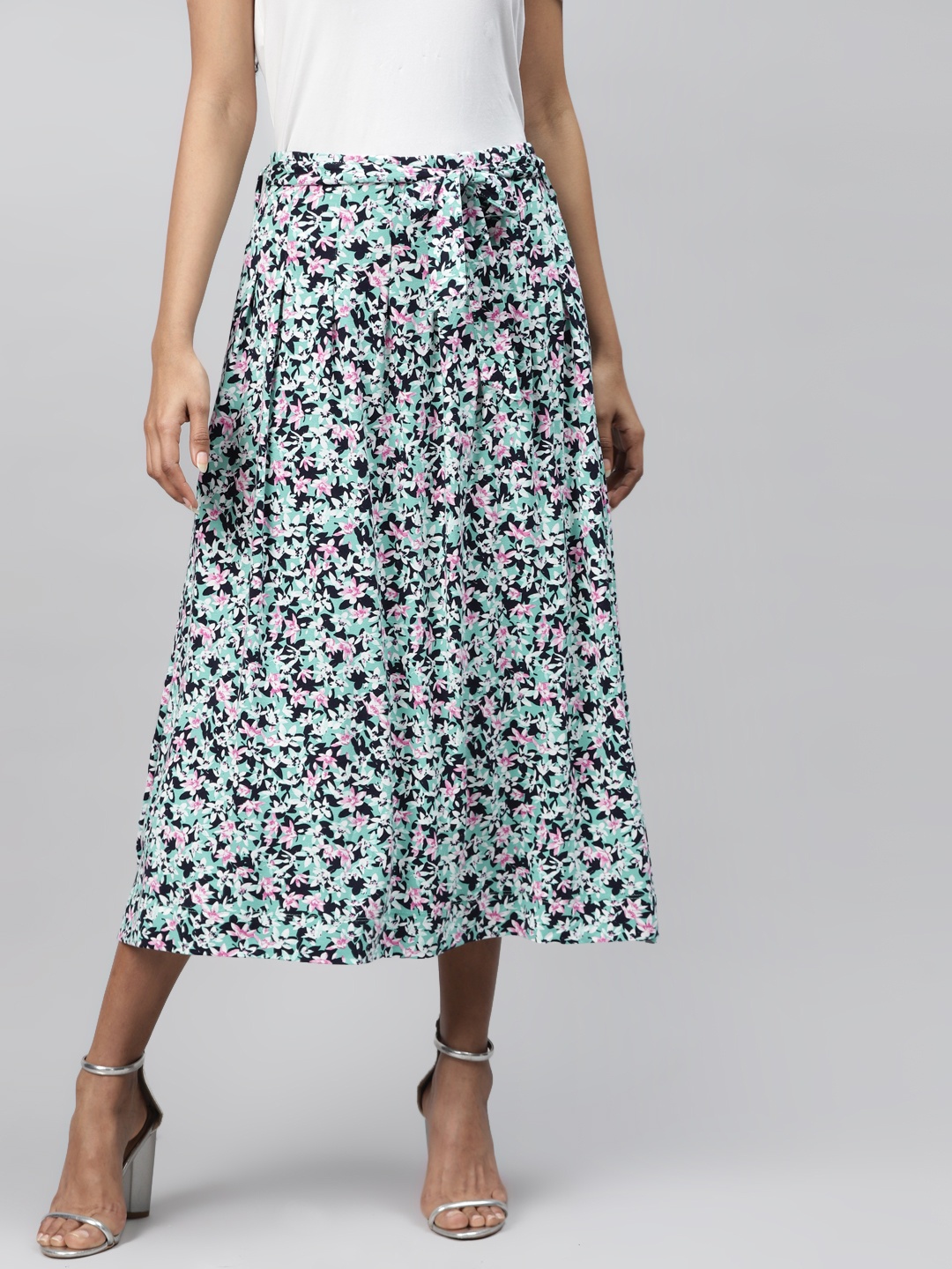 

Marks & Spencer Green & Pink Floral Print Pleated Midi A-Line Skirt