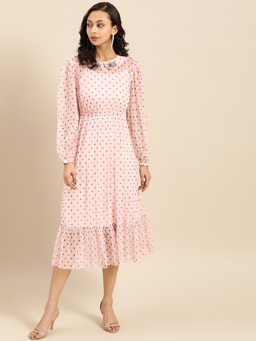 

COVER STORY Women Pink & Black Polka Dot Printed Sheer Fit and Flare Dress with Slip