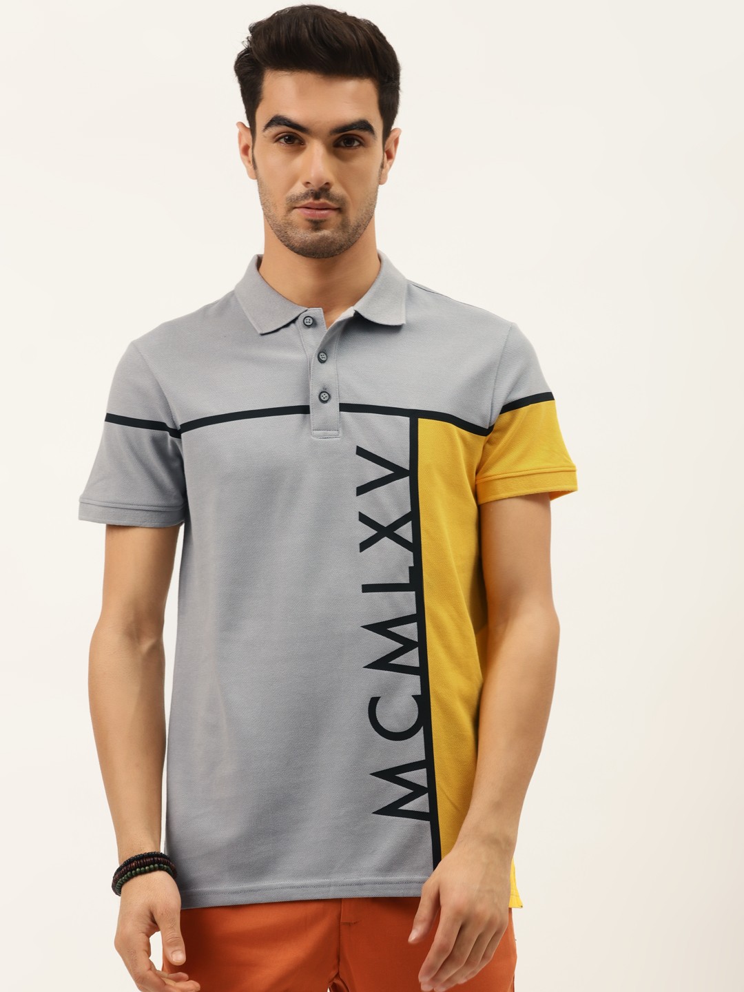 

United Colors of Benetton Men Grey Melange & Yellow Cotton Colourblocked Polo T-shirt