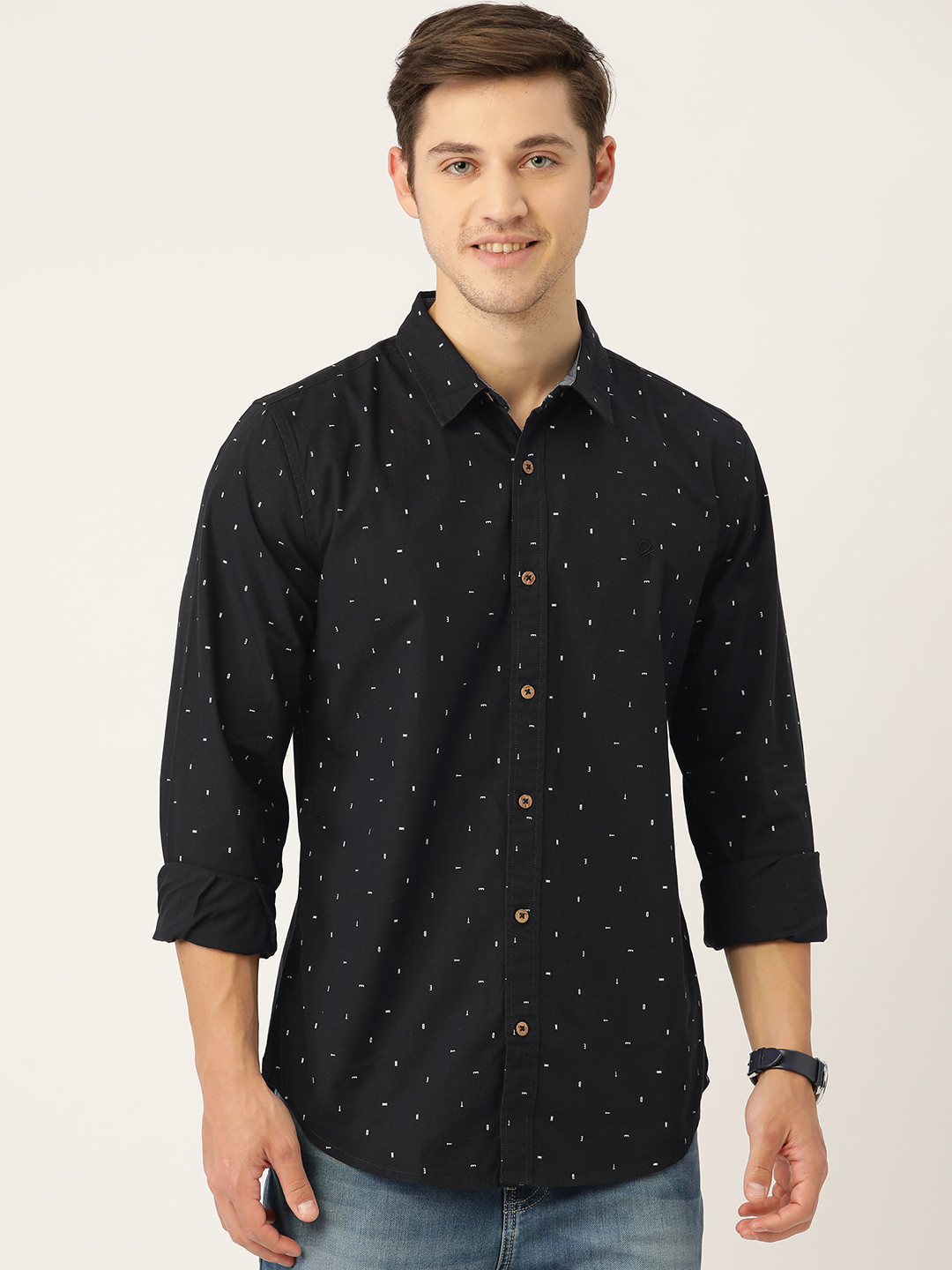 

United Colors of Benetton Men Black & White Slim Fit Printed Pure Cotton Casual Shirt