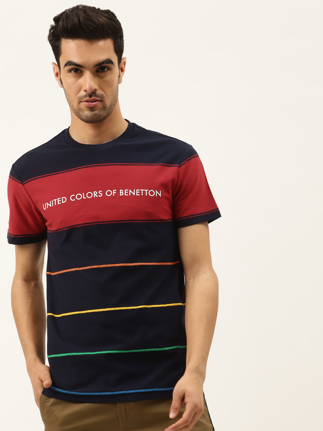 

United Colors of Benetton Men Navy Blue & Maroon Cotton Striped Round Neck T-shirt