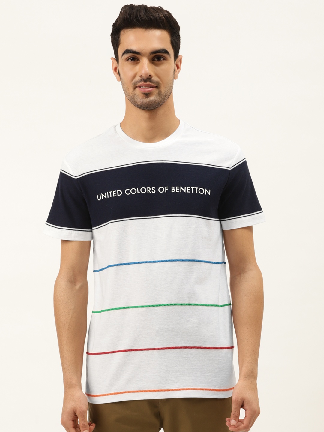 

United Colors of Benetton Men White & Navy Blue Cotton Striped Round Neck T-shirt