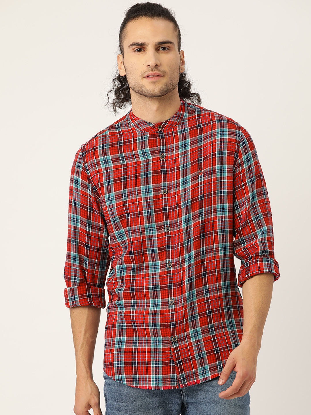 

United Colors of Benetton Men Red & Blue Slim Fit Checked Casual Shirt