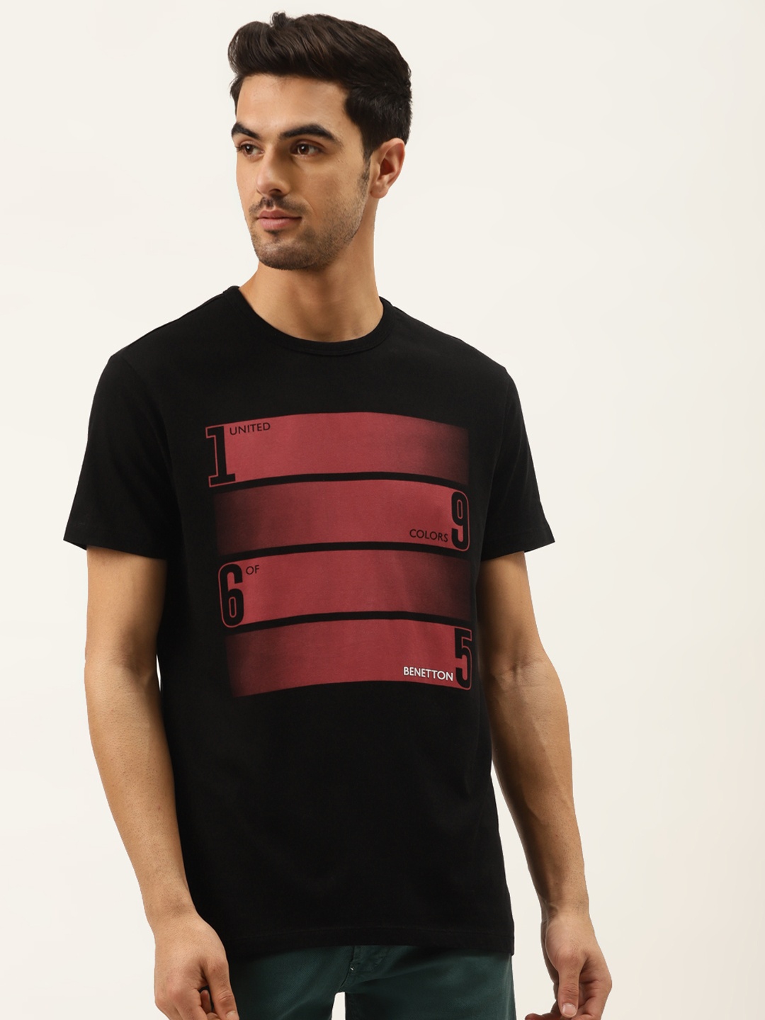 

United Colors of Benetton Men Black Printed Round Neck Pure Cotton T-shirt