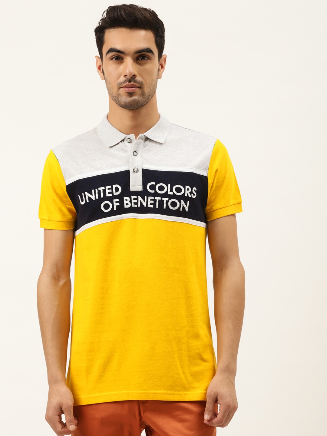 

United Colors of Benetton Men Yellow Navy Blue Colourblock Pure Cotton Polo Pure Cotton T-shirt