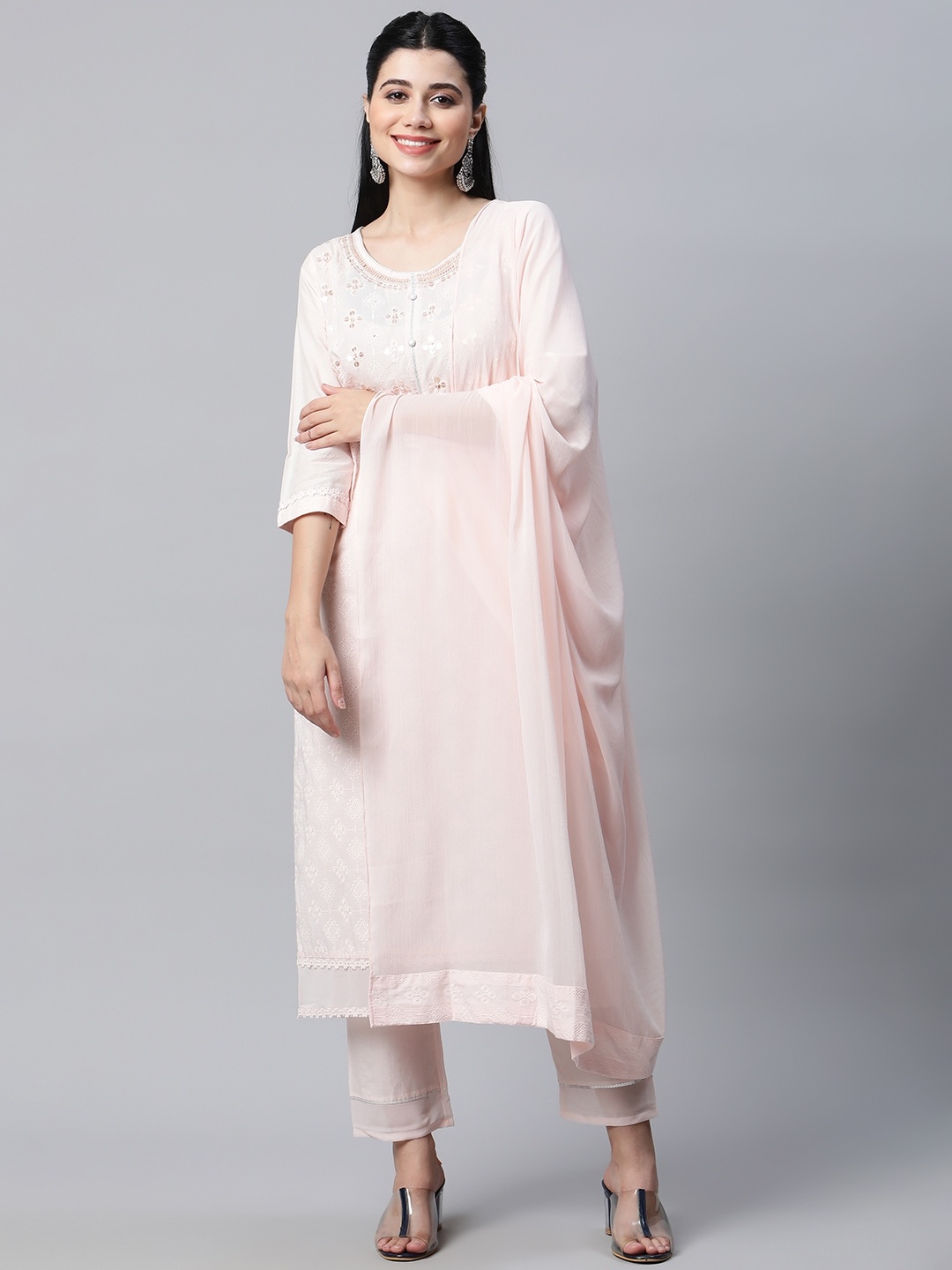 

AURELIA Women Pink Floral Embroidered Pure Cotton Kurta with Trousers & Dupatta