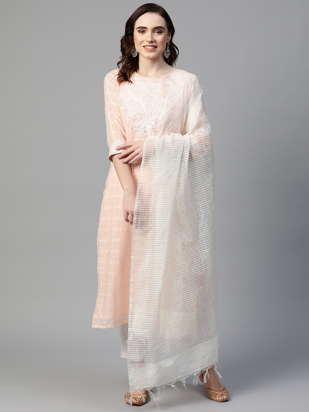 

AURELIA Women Peach-Coloured Embroidered Sequinned Kurta with Trousers & Dupatta