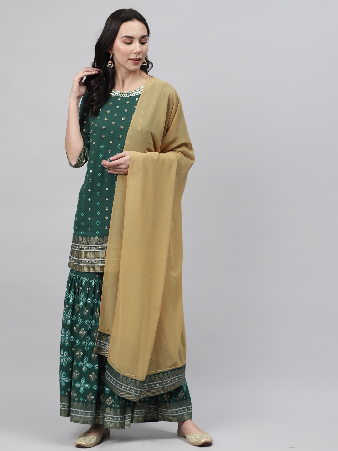 

AURELIA Women Green & Golden Bandhani Printed Kurta with Sharara & Dupatta