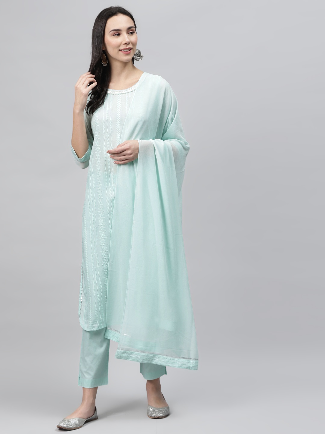 

AURELIA Women Sea Green Pure Cotton Embroidered Kurta with Trousers & Dupatta